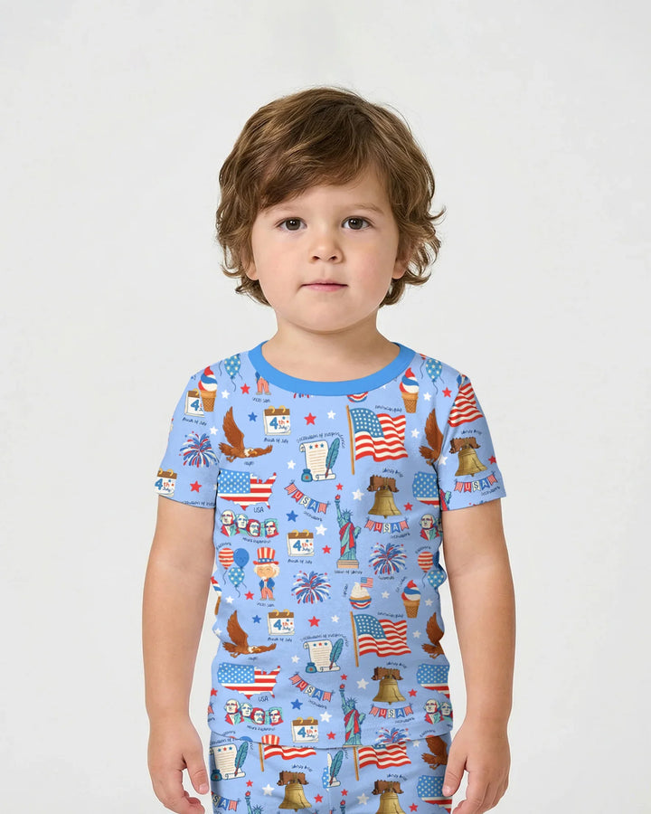Hand Drawn Patriotic Iconic Bamboo Two Piece Short Sleeve Shorts Pajama Set