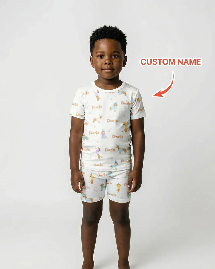 Custom Name Easter Dachshund Bamboo Two Piece Short Sleeve Shorts Pajama Set