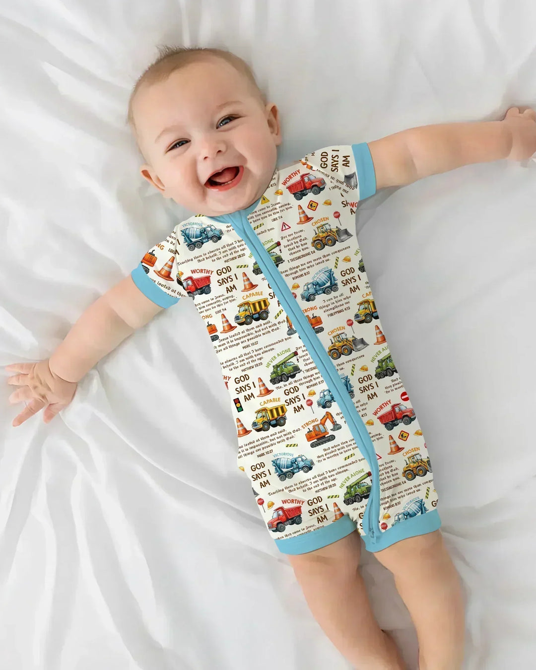 Bible Verse Construction Trucks Bamboo Shorty Zippy