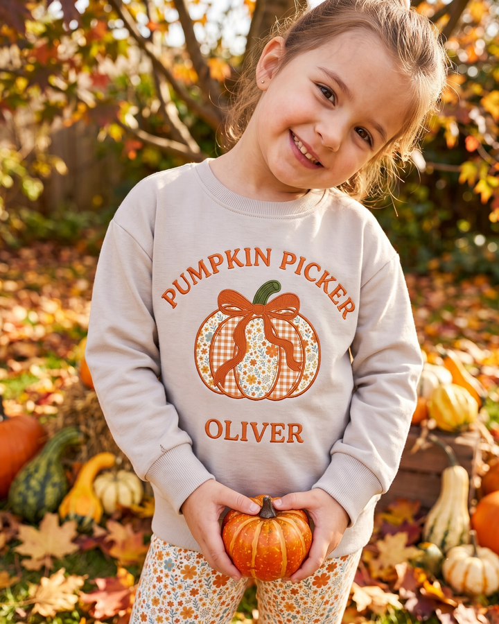 Custom Name Pumpkin Picker Embroidered Bamboo Crewneck Sweatshirt