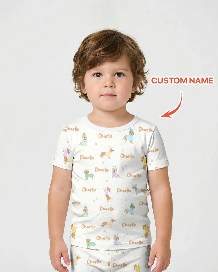 Custom Name Easter Dachshund Bamboo Two Piece Short Sleeve Shorts Pajama Set