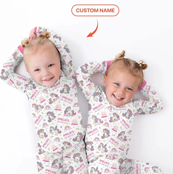 Custom Name Little Unicorn's Birthday Bamboo Two Piece Long Sleeve Pajama Set