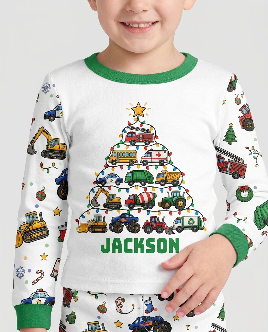 Custom Name Little Trucks Christmas Tree Bamboo Two Piece Long Sleeve Pajama Set