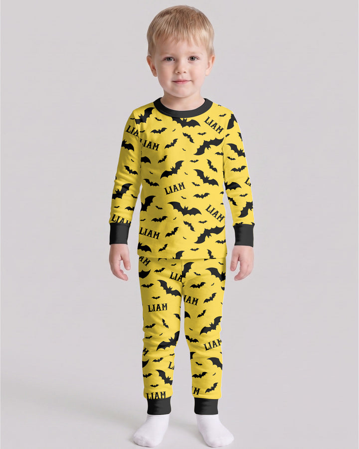 Black Bat Halloween Custom Name Bamboo Two Piece Long Sleeve Pajama Set