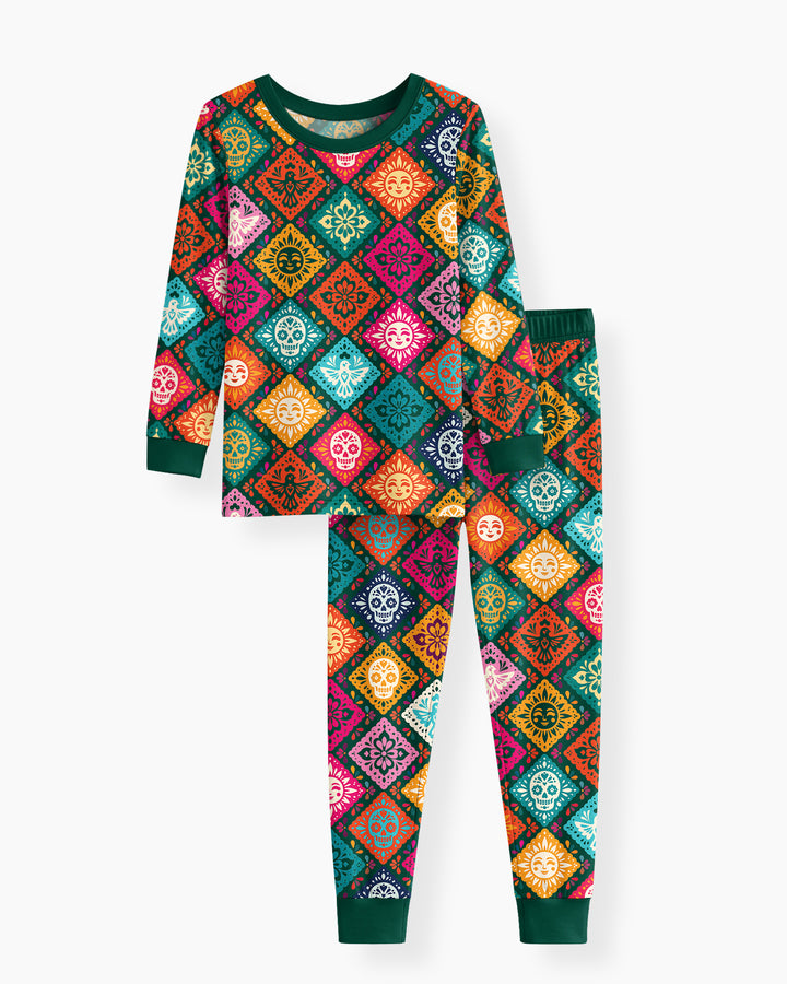 Day of the Dead Colorful Mexican Skull Bamboo Two Piece Long Sleeve Pajama Set