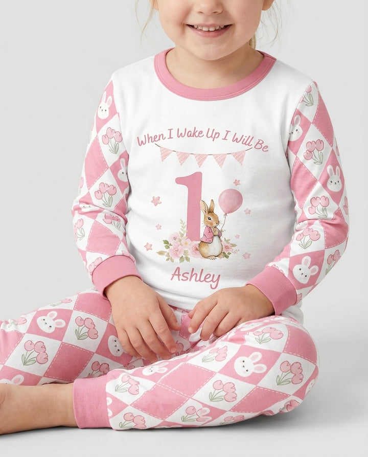 Custom Name When I Wake Up Bunny Birthday Bamboo Two Piece Long Sleeve Pajama Set