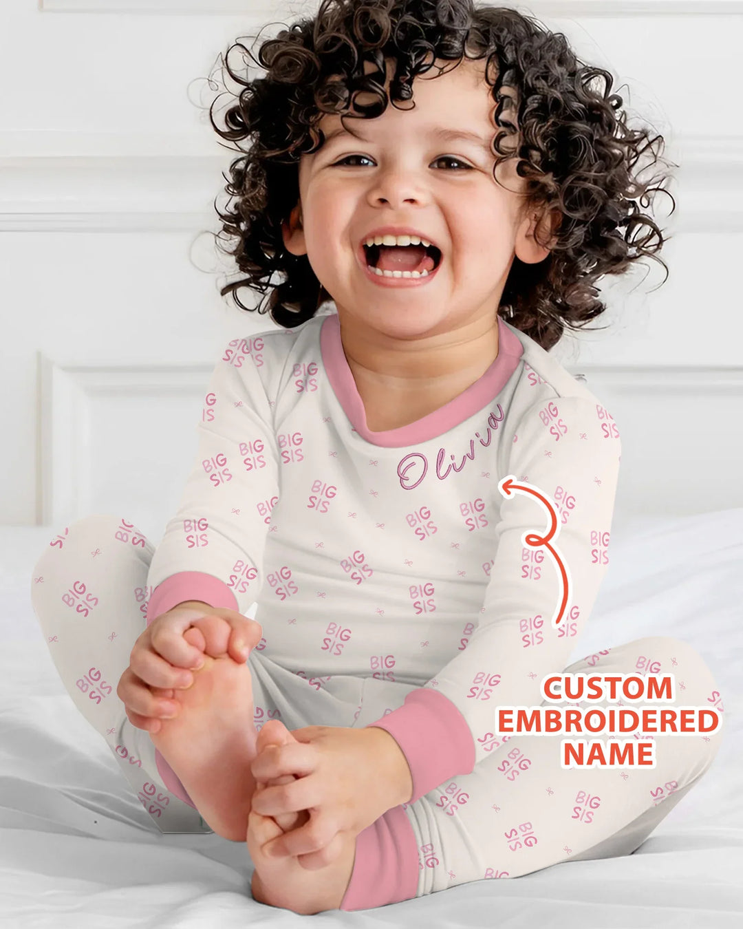 Custom Embroidered Name Big Sis Bamboo Two Piece Long Sleeve Pajama Set
