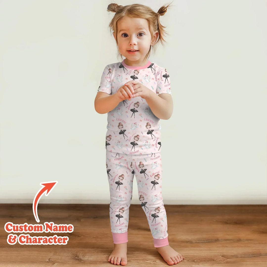 Custom Name Ballerina Doll Bamboo Two Piece Short Sleeve Pajama Set