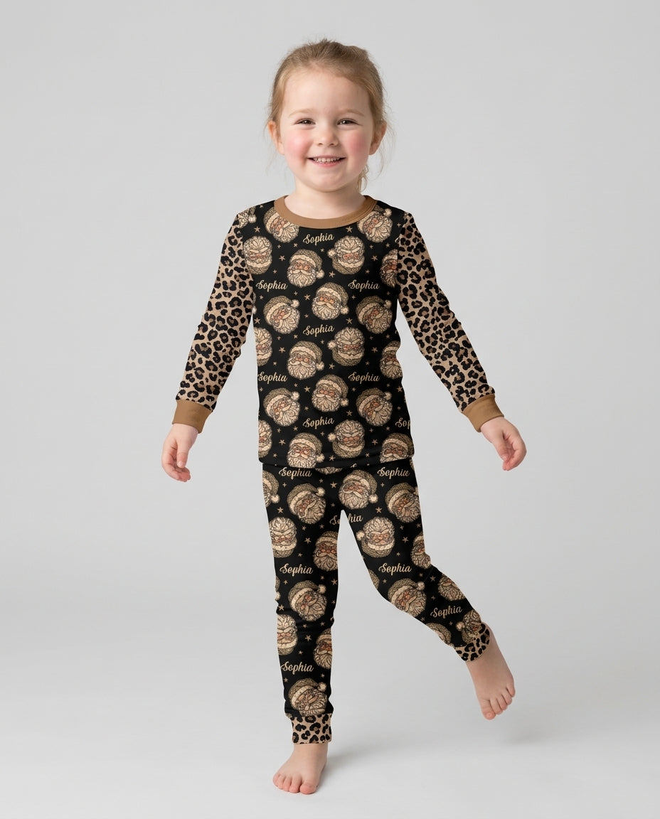 Custom Name Vintage Leopard Santa Bamboo Two Piece Long Sleeve Pajama Set