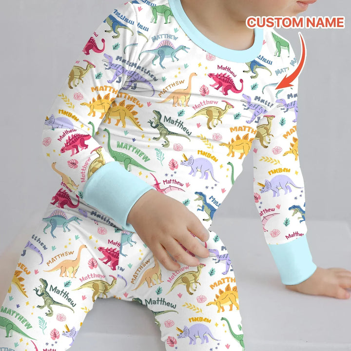 Dino Roar Custom Name Bamboo Two Piece Long Sleeve Pajama Set
