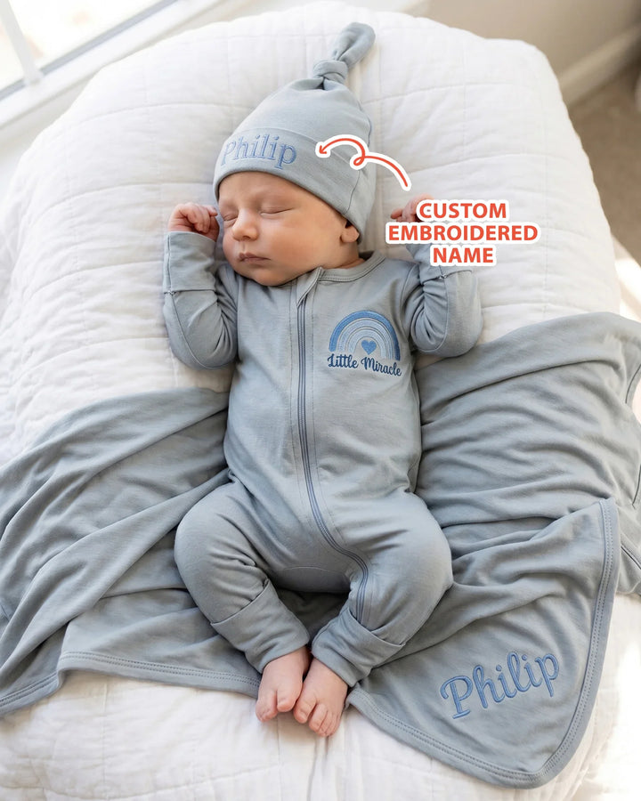 Personalized Little Miracle Blue Embroidered Bamboo Convertible Zippy