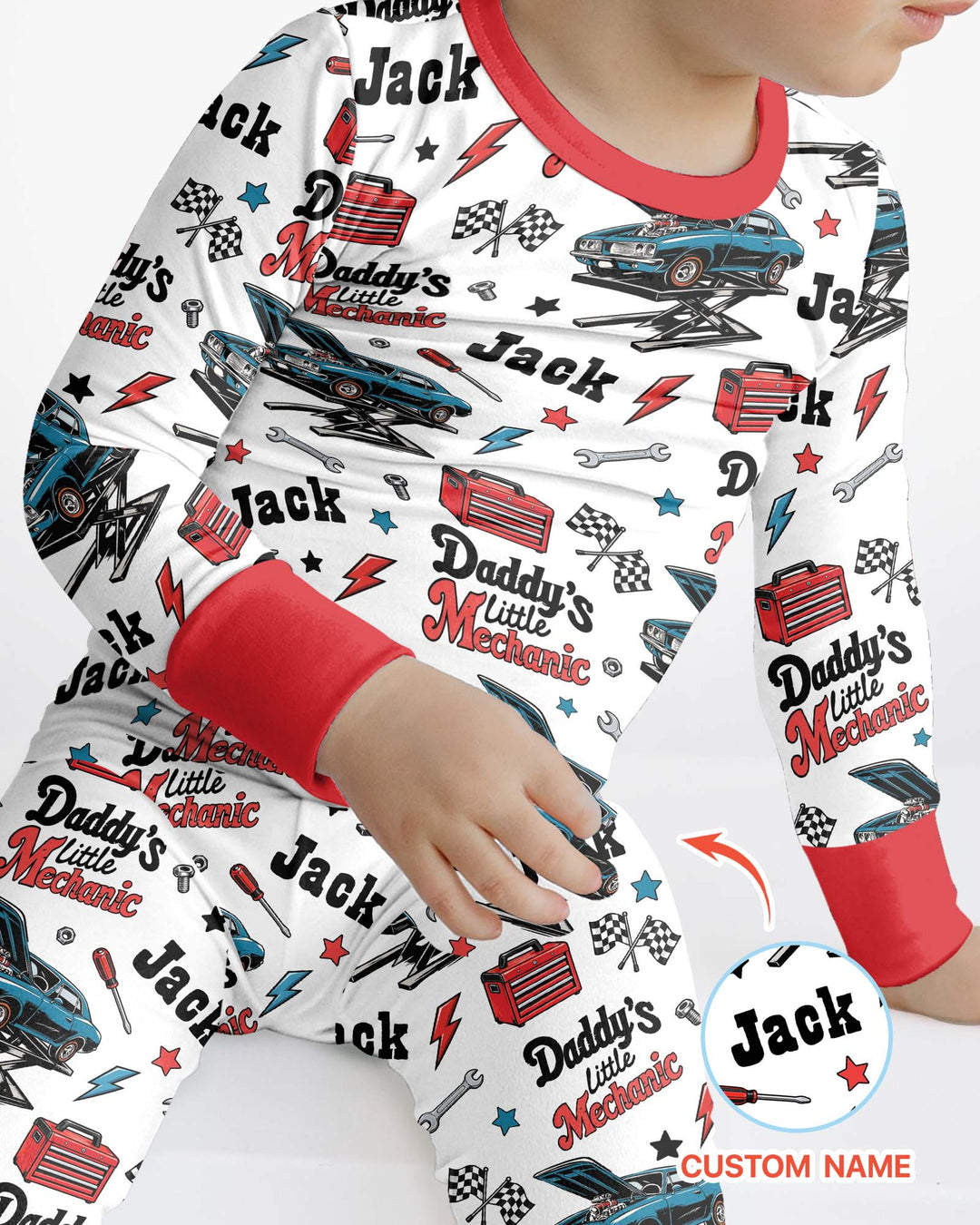 Custom Name Daddy's Little Mechanic Bamboo Two Piece Long Sleeve Pajama Set