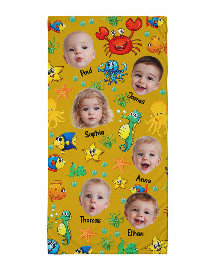 Personalisiertes Foto Niedliches Kindergesicht Aquarell Meerestiere Sommer Bambus Strandtuch