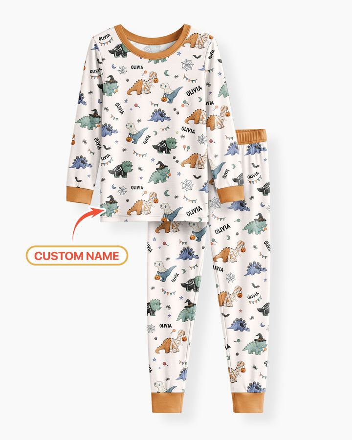 Custom Name Cute Halloween Dinosaur - Personalized Long Sleeve Pajama Set