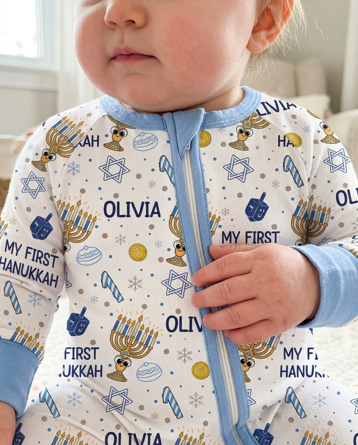 Custom Name Doodle Dreidel First Hanukkah Bamboo Convertible Zippy