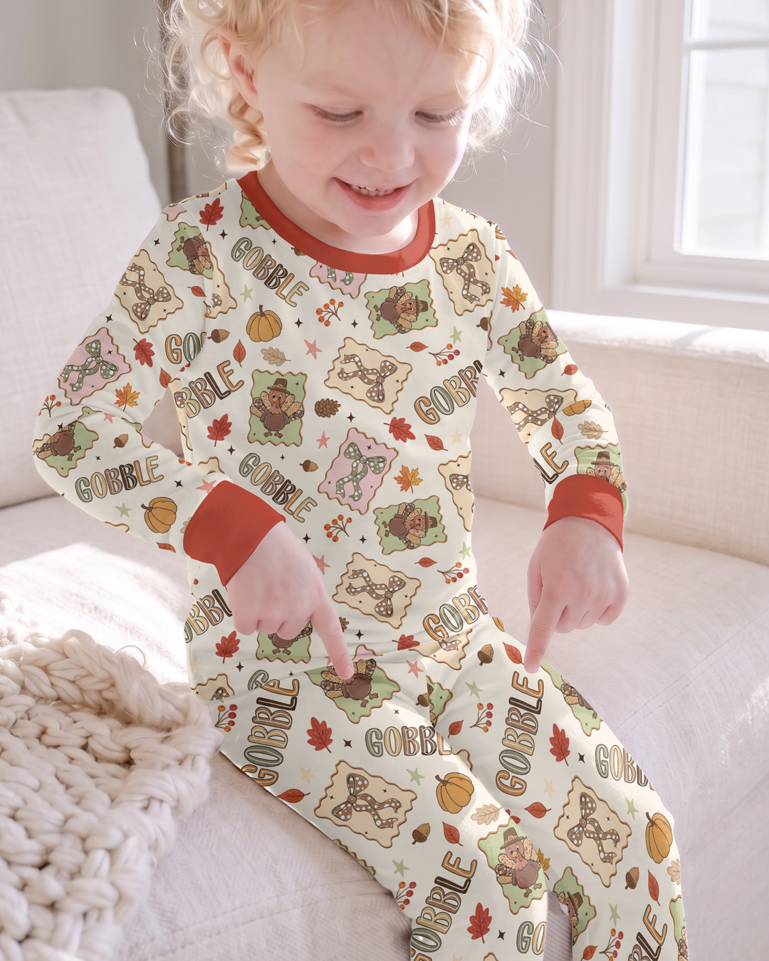 Preppy Thanksgiving Gobble Bamboo Two Piece Long Sleeve Pajama Set