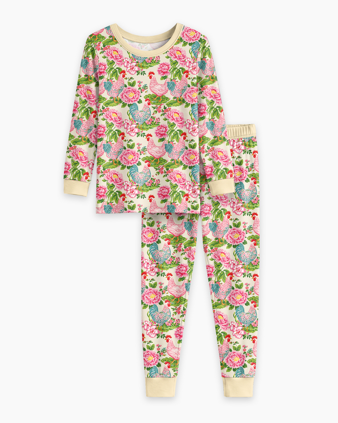 Chicken and Peony Mommy And Me Matching Bamboo Two Piece Long Sleeve Pajama Set