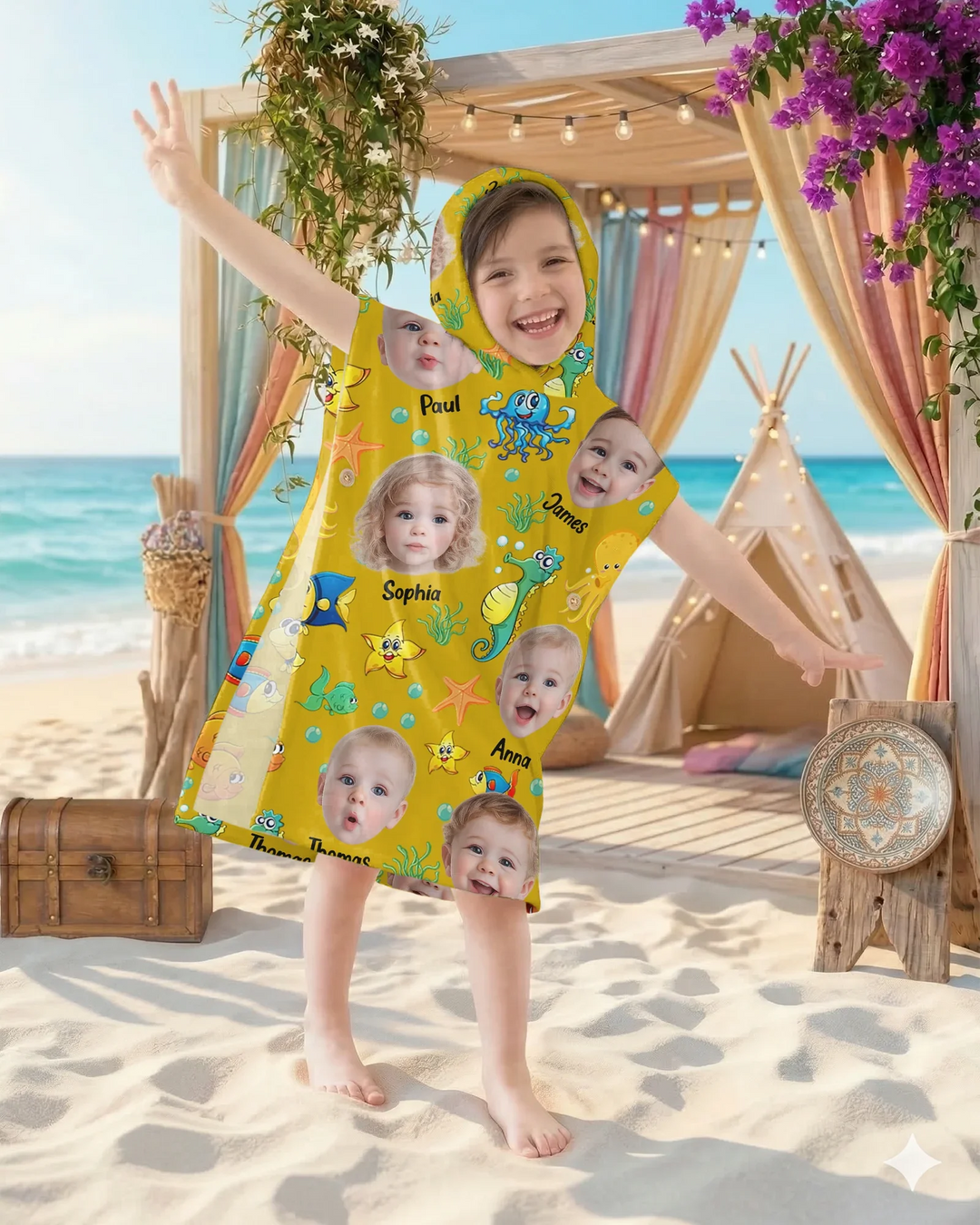 Individuelles Foto Süßes Kindergesicht Aquarell Meerestiere Sommerlicher Bambus-Badeponcho