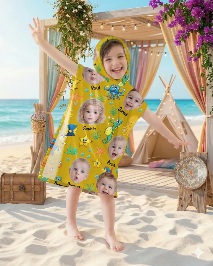 Individuelles Foto Süßes Kindergesicht Aquarell Meerestiere Sommerlicher Bambus-Badeponcho