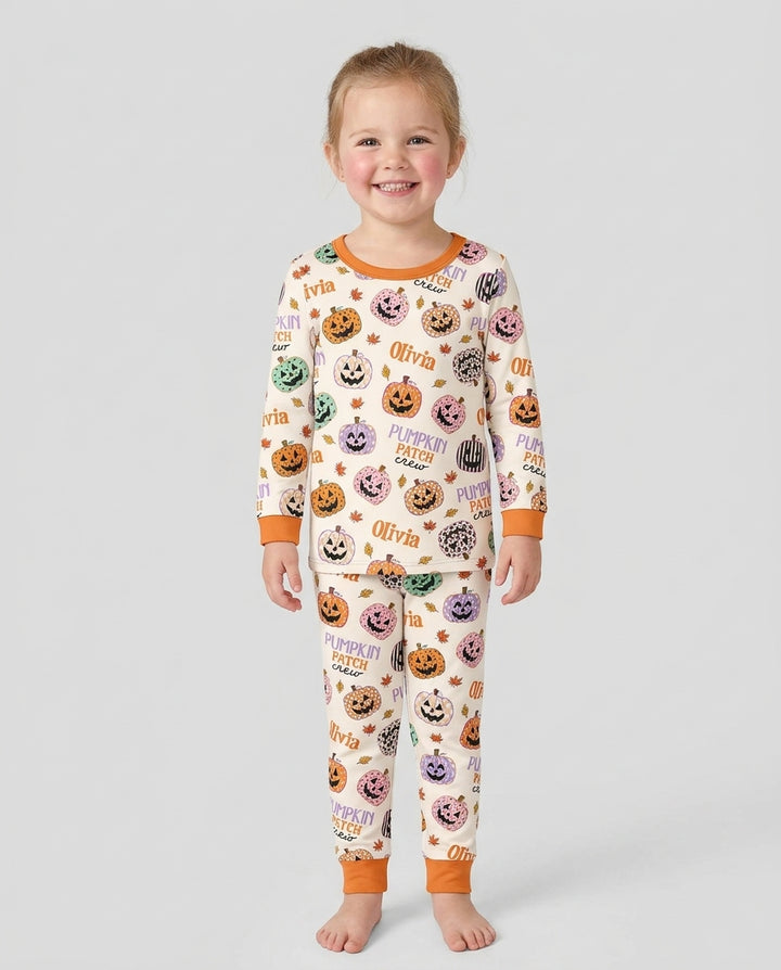 Custom Name Pumpkin Patch Crew Bamboo Two Piece Long Sleeve Pajama Set