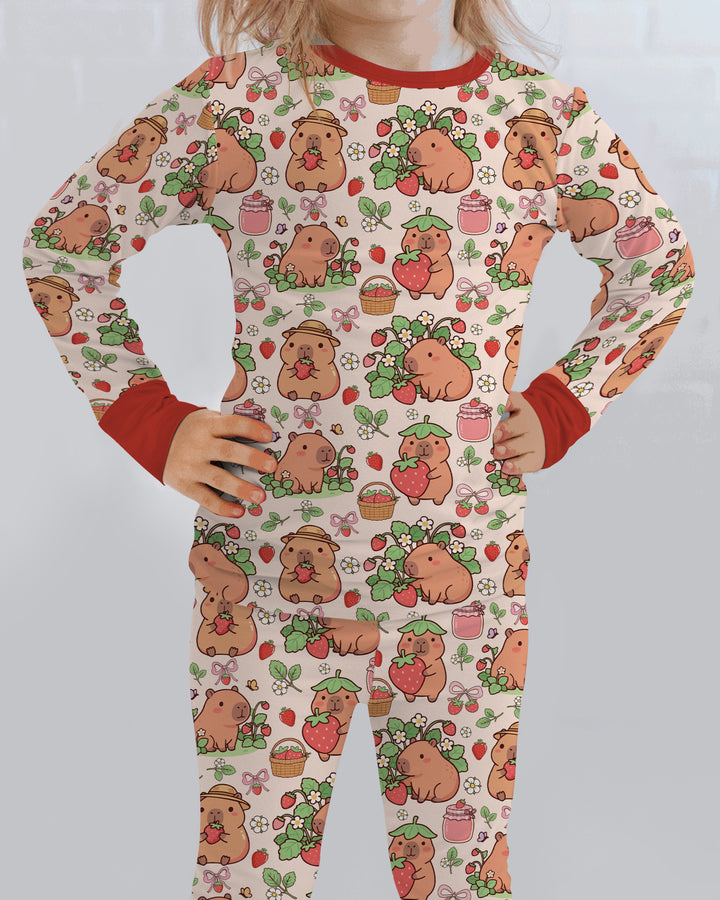 Capybara Strawberry Bamboo Two Piece Long Sleeve Pajama Set