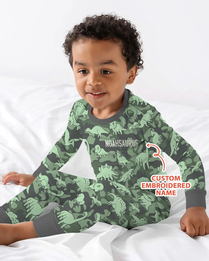 Custom Name Embroidered Matching With Dadasaurus Bamboo Two Piece Long Sleeve Pajama Set