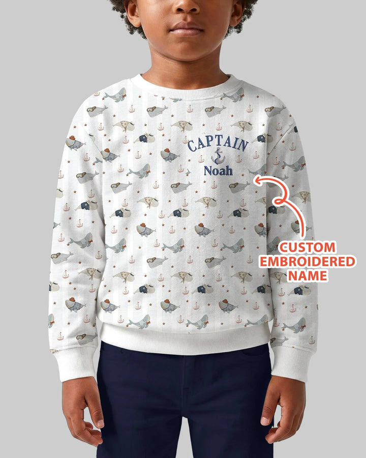 Benutzerdefinierter bestickter Name – Kleiner Kapitän der Walfänger-Crew Bambus-Crewneck-Sweatshirt