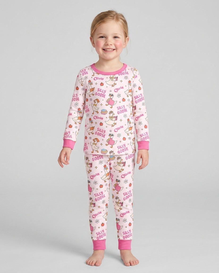 Custom Name Silly Goose Back to School Bamboo Two Piece Long Sleeve Pajama Set