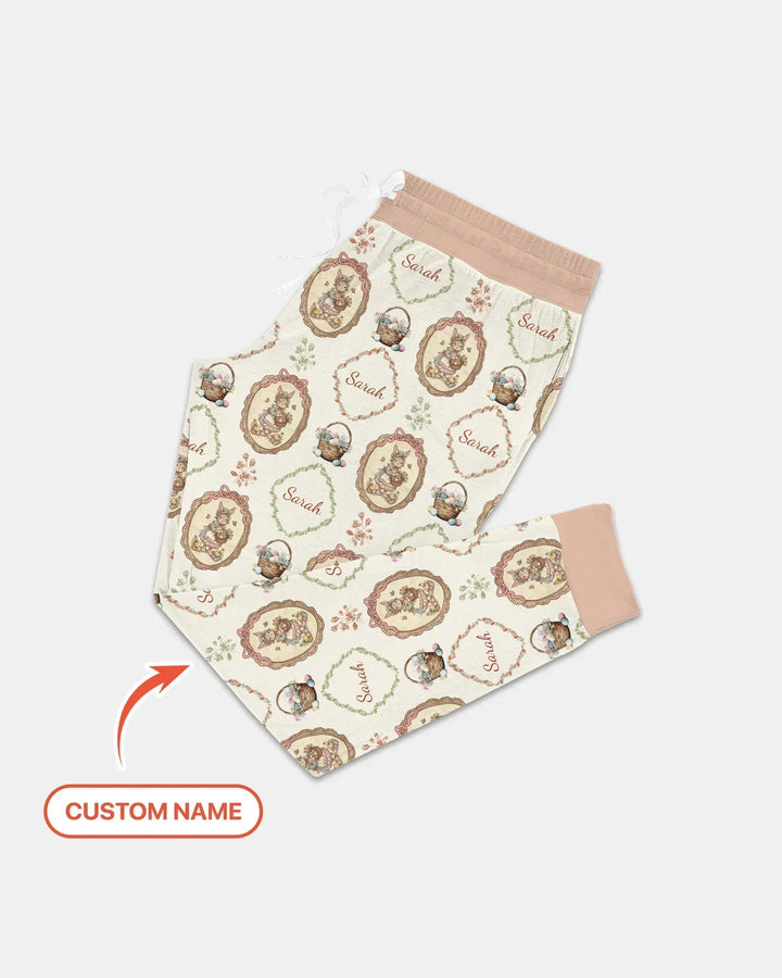 Vintage Hase Ostern Benutzerdefinierter Name Mommy & Me Passender Bambus Damen Schlafanzug Set