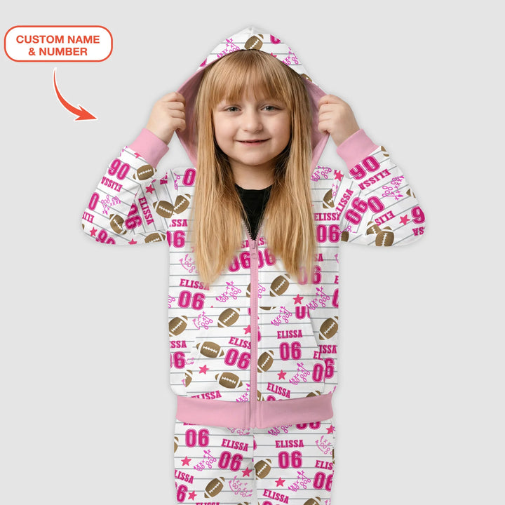 Personalisierter Name Fußball-Zeit Pink Bambus Kapuzenpullover mit Reißverschluss