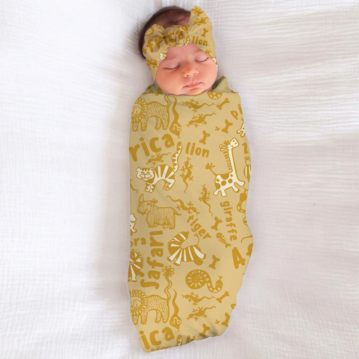 Handdrawn African Animals Bamboo Swaddle Blanket