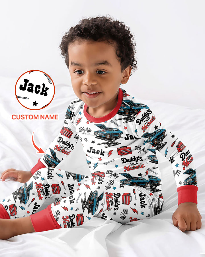 Custom Name Daddy's Little Mechanic Bamboo Two Piece Long Sleeve Pajama Set