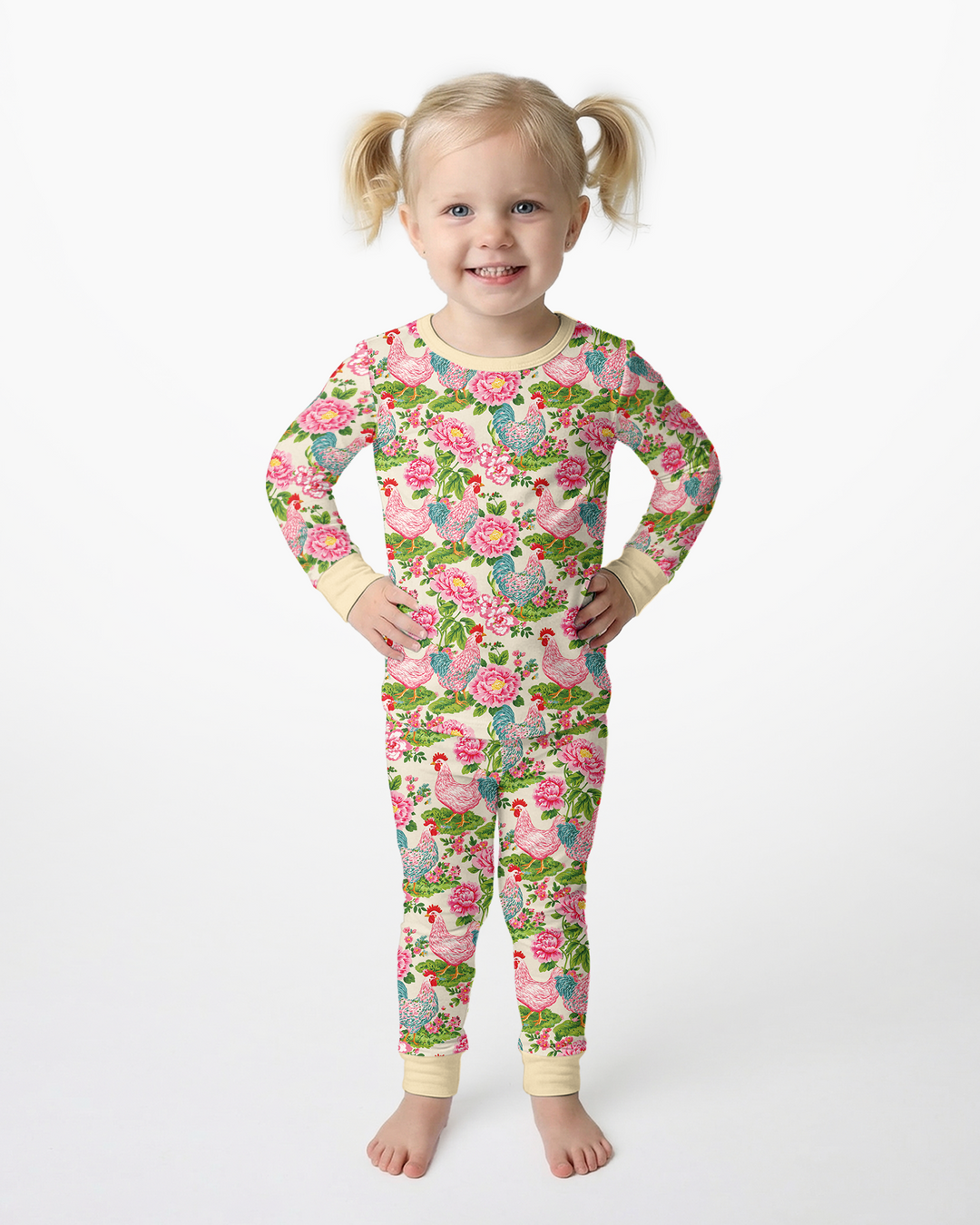 Chicken and Peony Mommy And Me Matching Bamboo Two Piece Long Sleeve Pajama Set