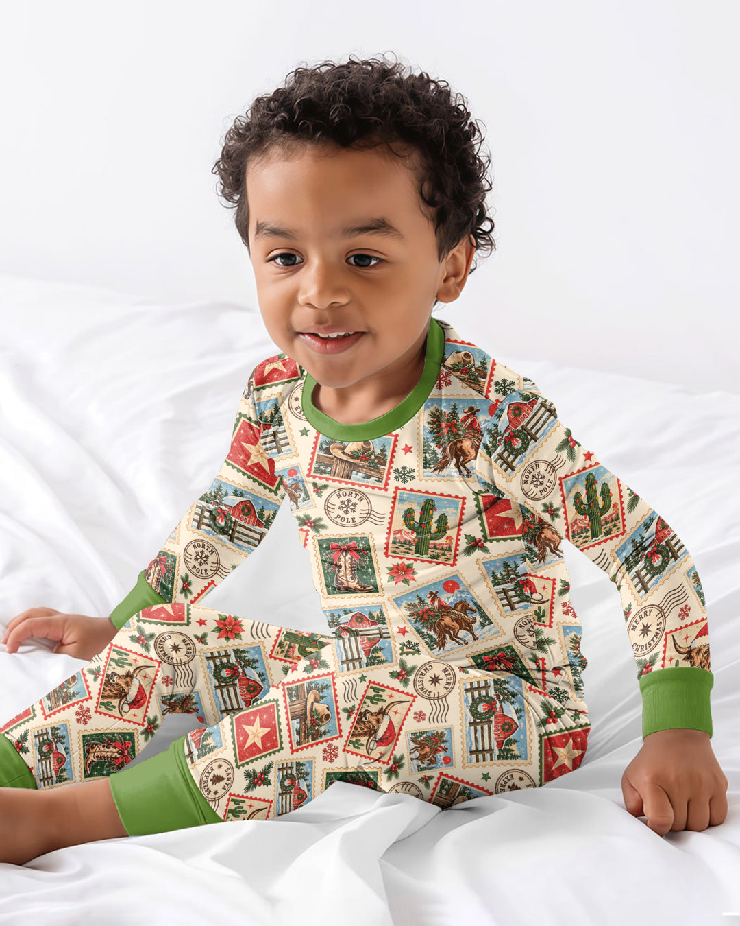 Western Christmas Stamps Bamboo Two Piece Long Sleeve Pajama Set