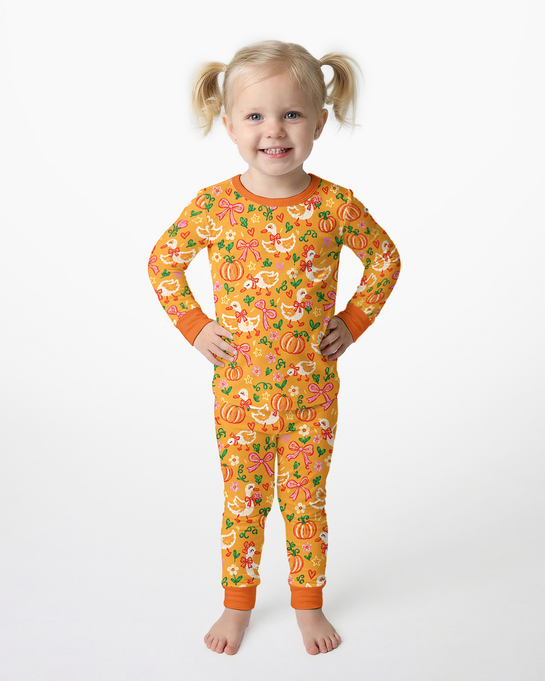Cute Duck Pumpkin Fall Bamboo Two Piece Long Sleeve Pajama Set