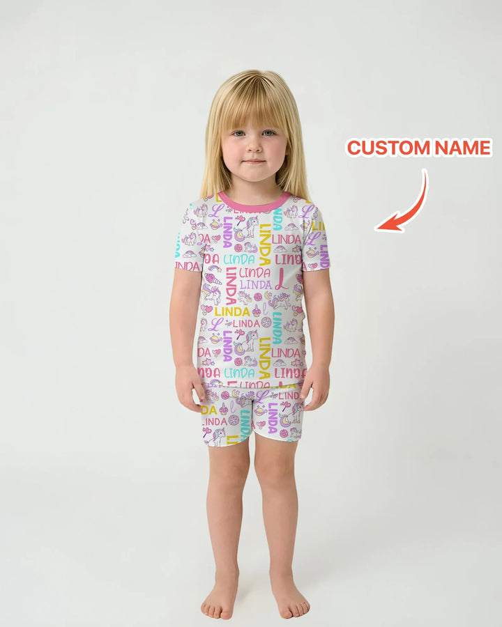 Personalized Fantasy Unicorn Word Bamboo Two Piece Short Sleeve Shorts Pajama Set