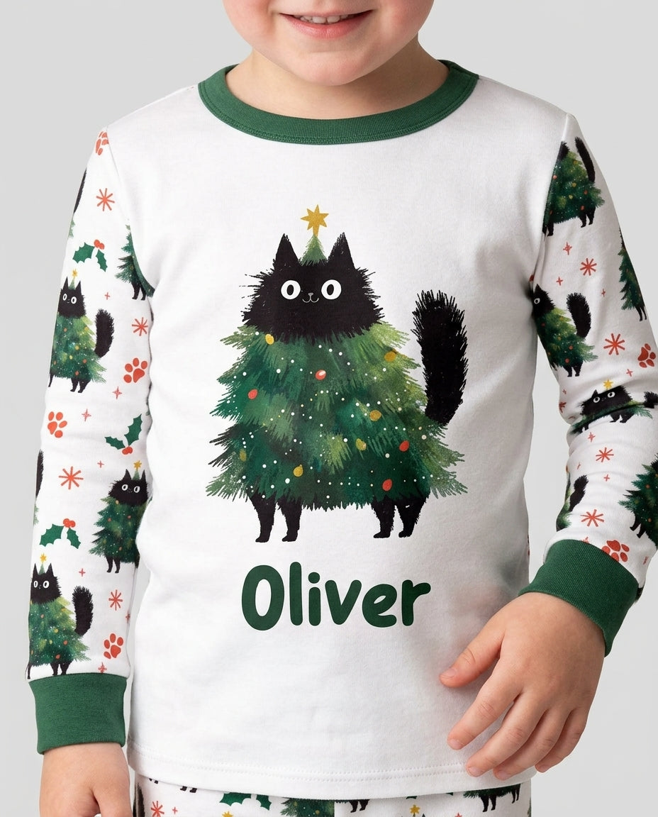 Custom Name Black Cat Christmas Bamboo Two Piece Long Sleeve Pajama Set
