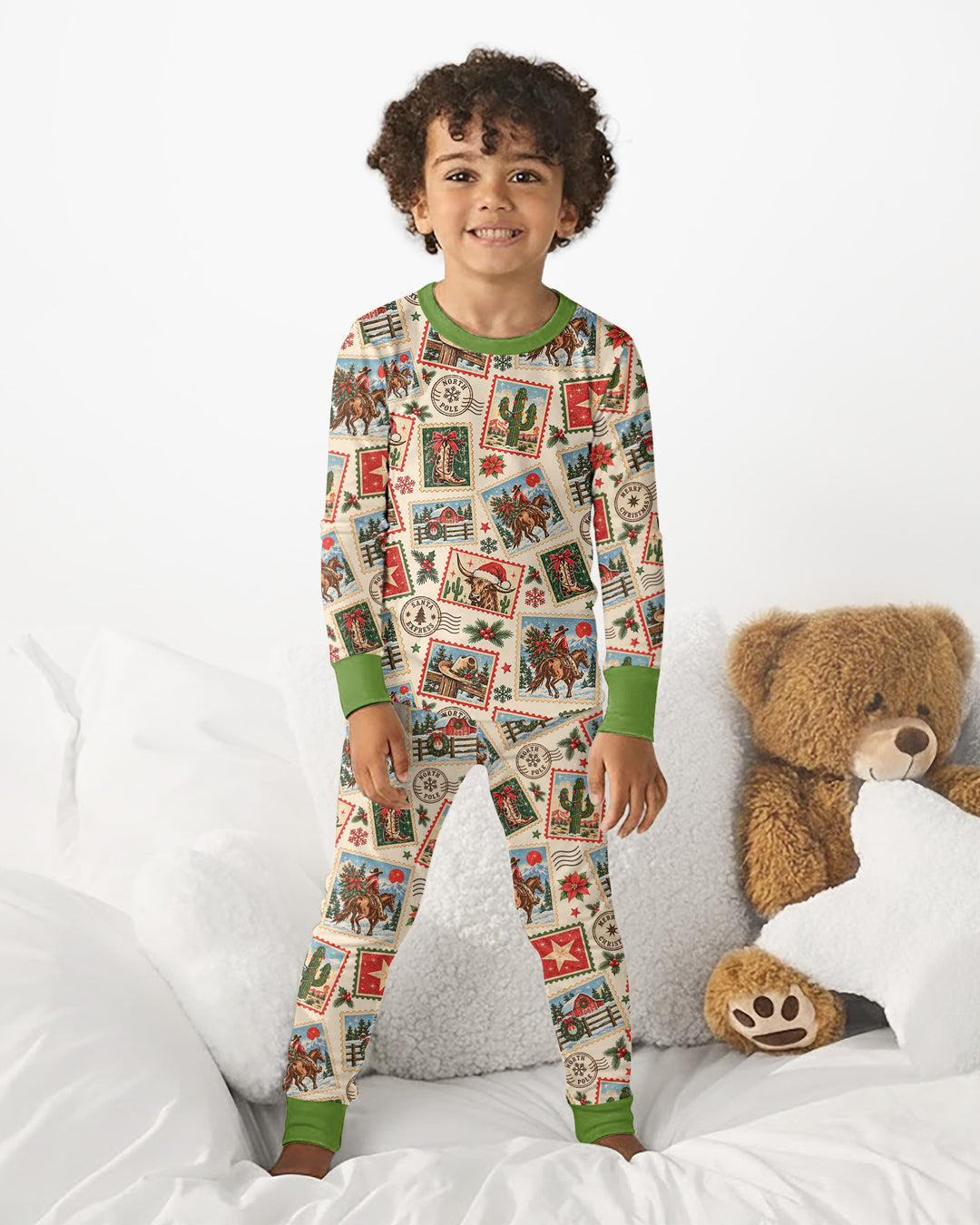 Western Christmas Stamps Bamboo Two Piece Long Sleeve Pajama Set