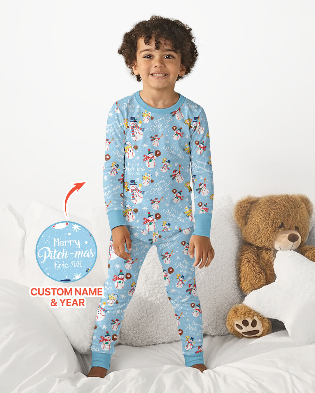 Custom Baseball Christmas Bamboo Two Piece Long Sleeve Pajama Set