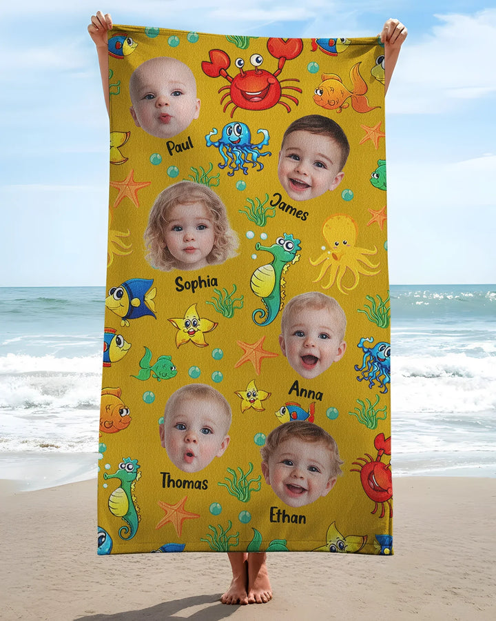 Personalisiertes Foto Niedliches Kindergesicht Aquarell Meerestiere Sommer Bambus Strandtuch