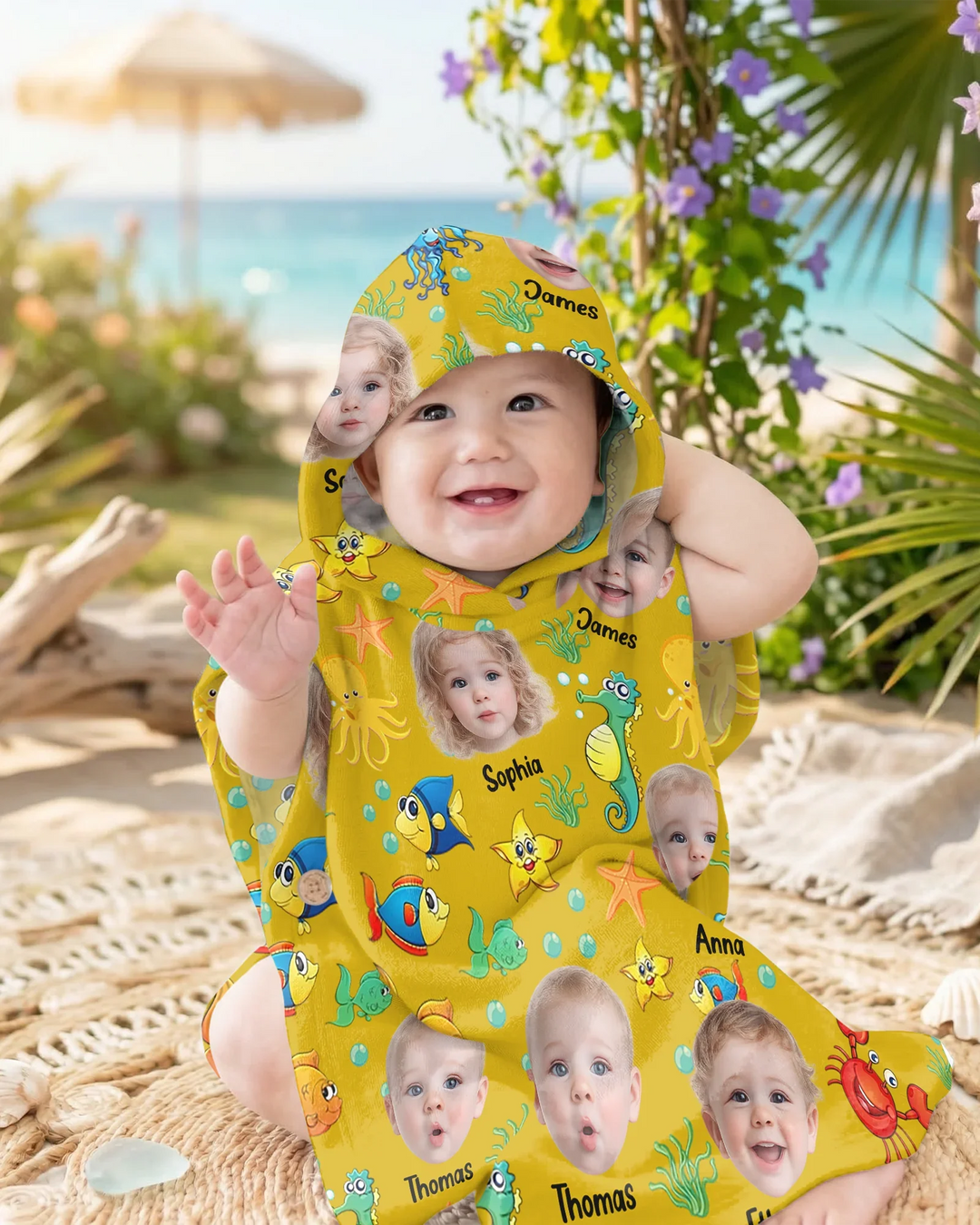 Individuelles Foto Süßes Kindergesicht Aquarell Meerestiere Sommerlicher Bambus-Badeponcho