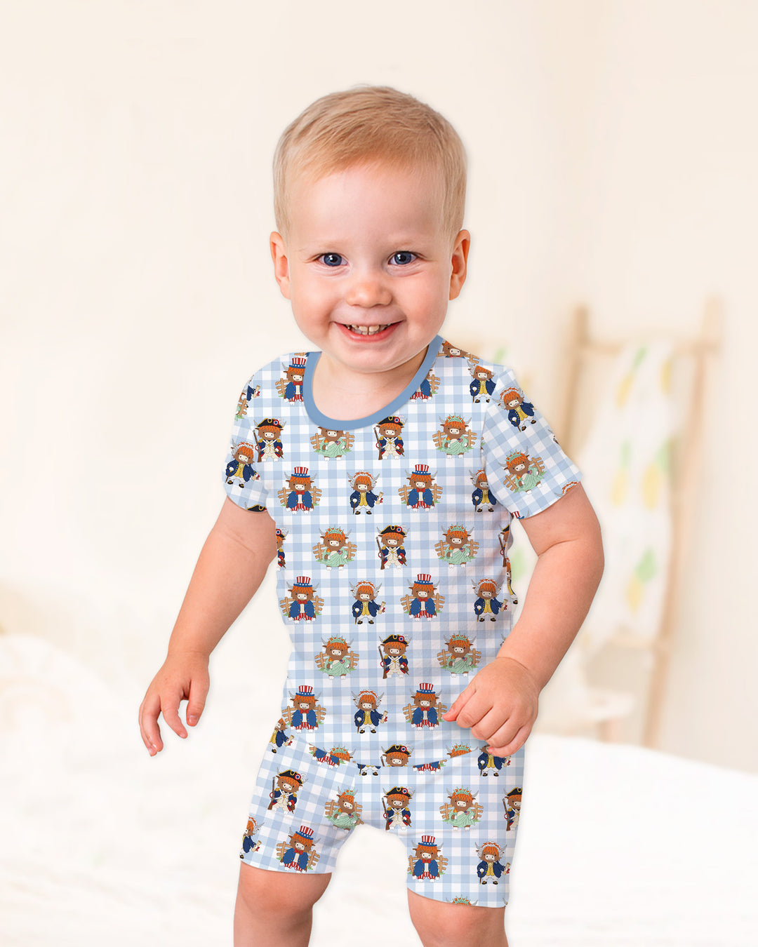 Patriotic 4th of July Highland Cow Bamboo Two Piece Short Sleeve Shorts Pajama Set