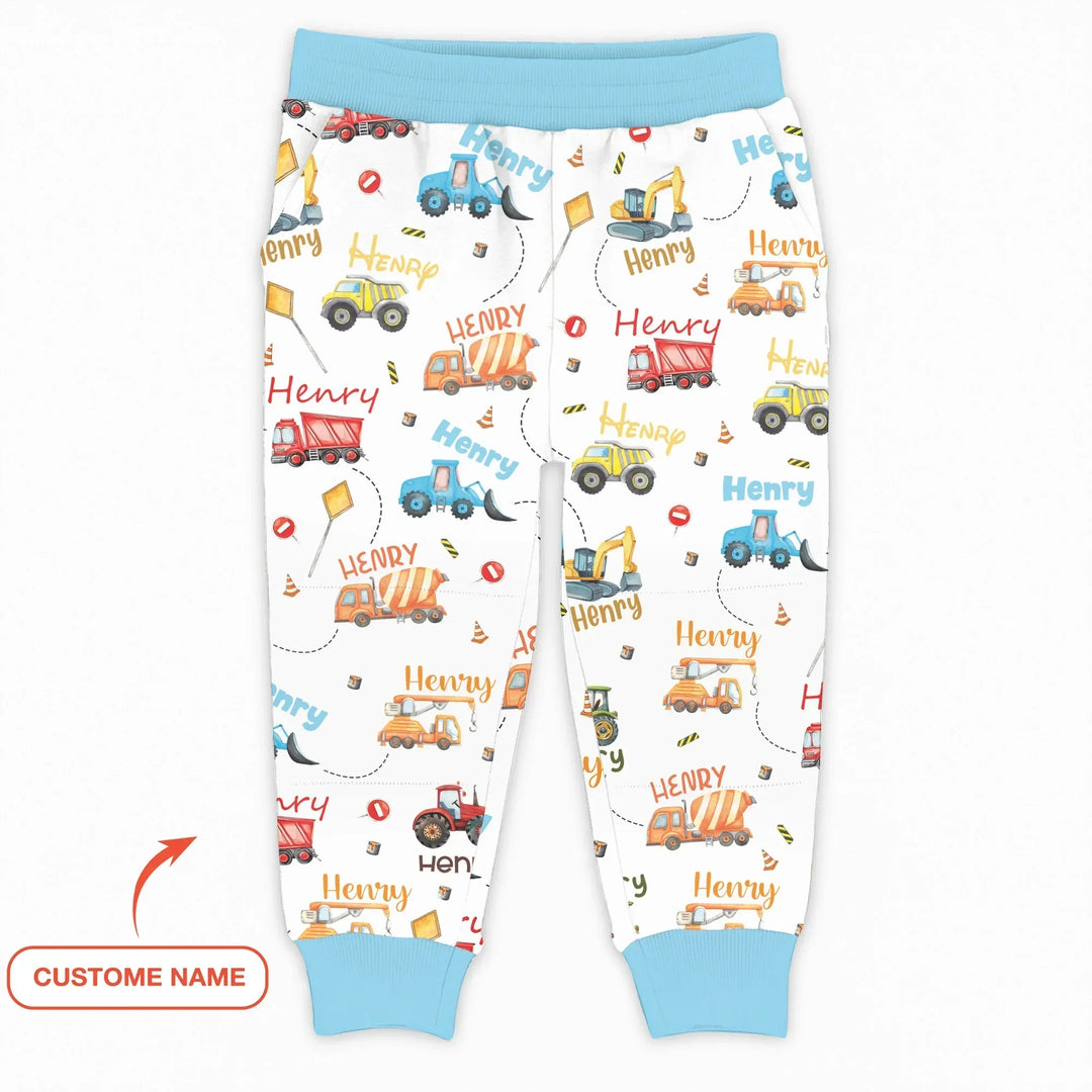 Bambus-Jogginghose mit personalisiertem Namen und Baufahrzeug-Design