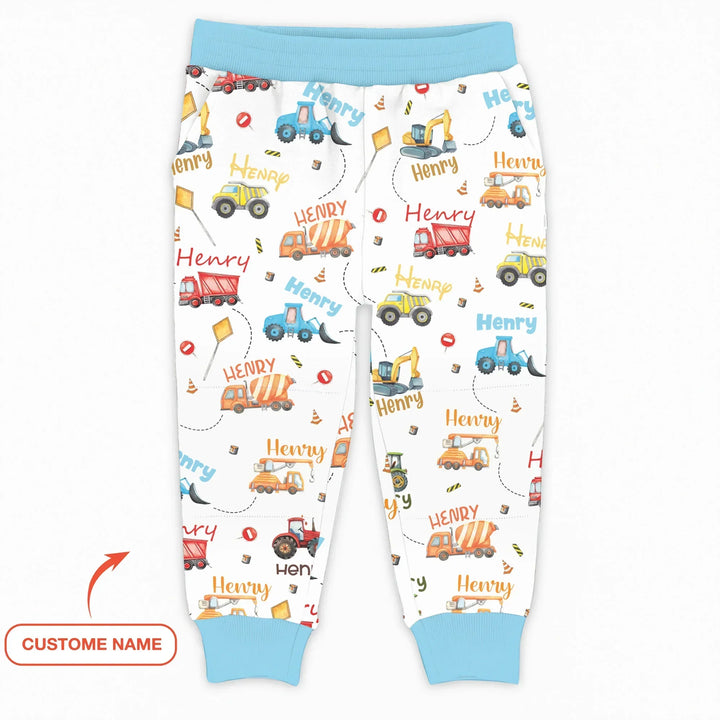 Bambus-Jogginghose mit personalisiertem Namen und Baufahrzeug-Design