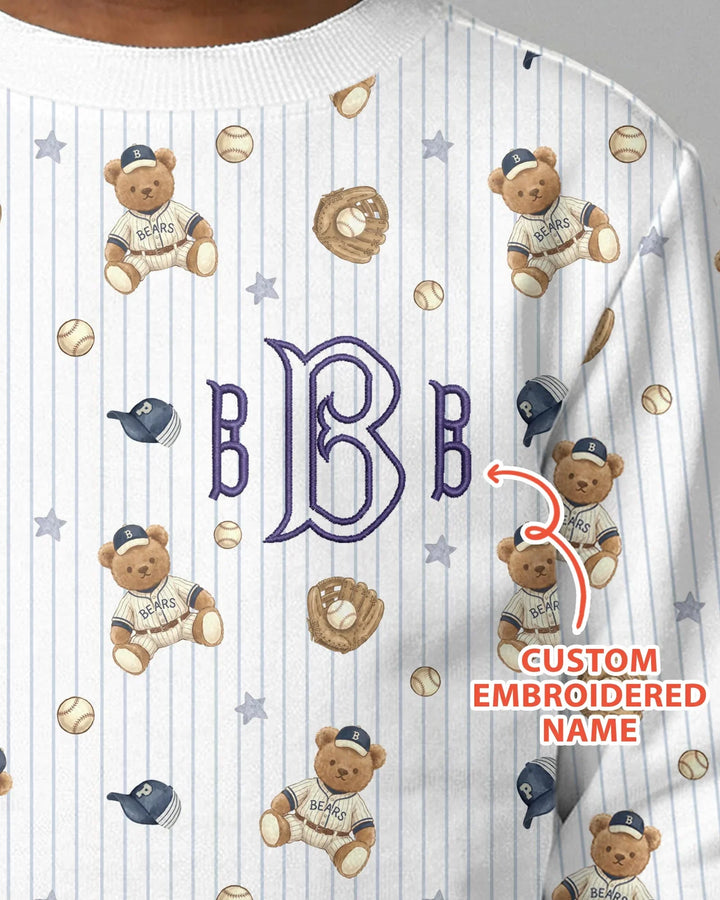Personalisiertes besticktes Teddybär-Baseball-Baby-Bambus-Rundhals-Sweatshirt