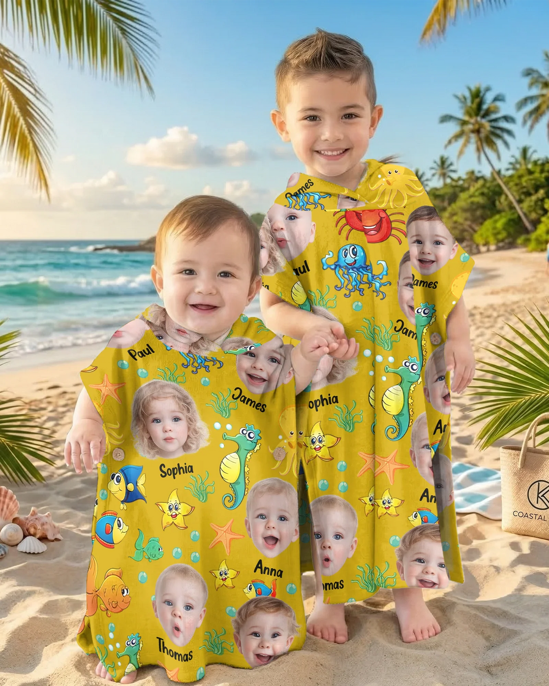Individuelles Foto Süßes Kindergesicht Aquarell Meerestiere Sommerlicher Bambus-Badeponcho