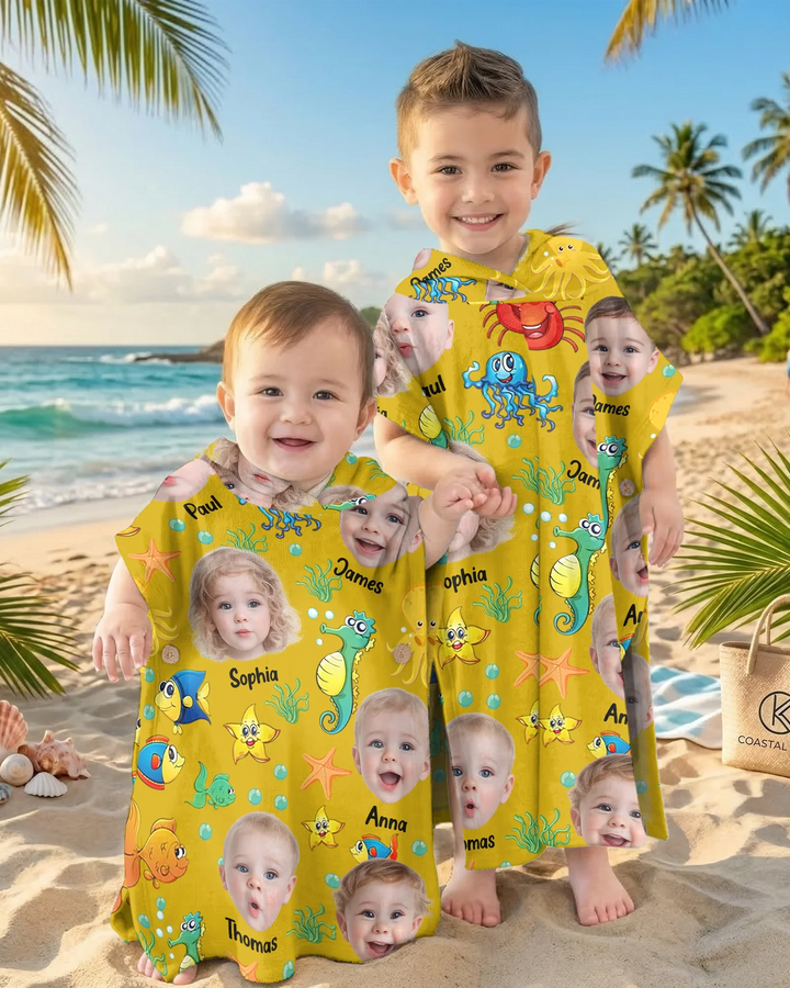 Individuelles Foto Süßes Kindergesicht Aquarell Meerestiere Sommerlicher Bambus-Badeponcho