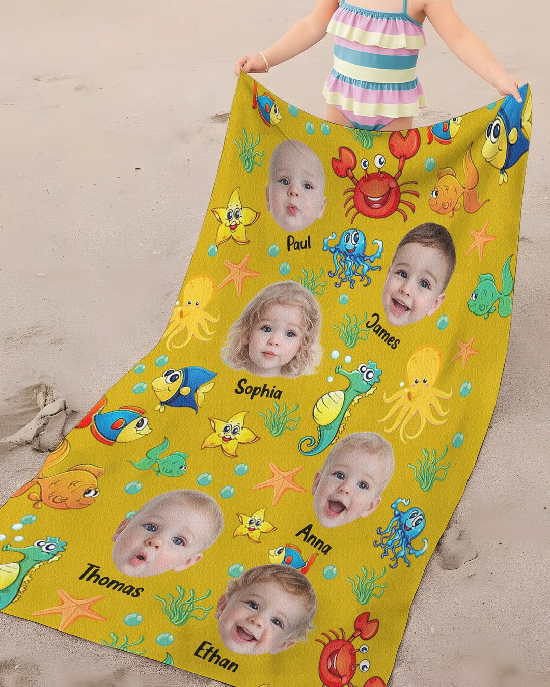 Personalisiertes Foto Niedliches Kindergesicht Aquarell Meerestiere Sommer Bambus Strandtuch