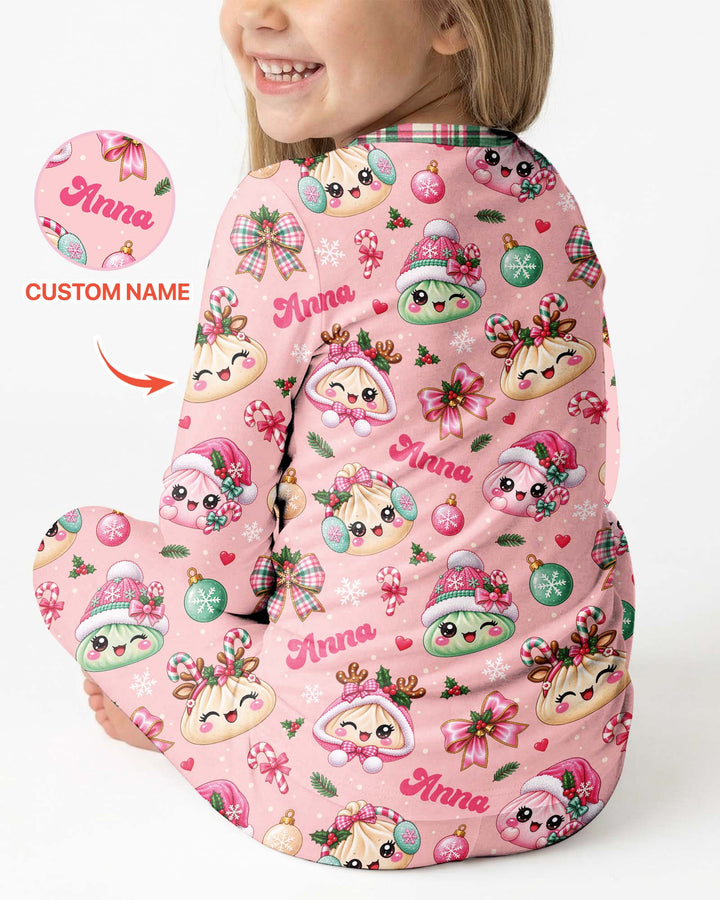 Custom Name Kawaii Christmas Dumpling Bamboo Two Piece Long Sleeve Pajama Set