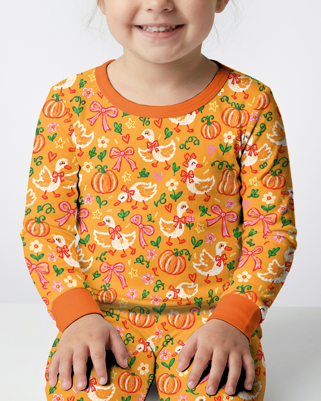 Cute Duck Pumpkin Fall Bamboo Two Piece Long Sleeve Pajama Set